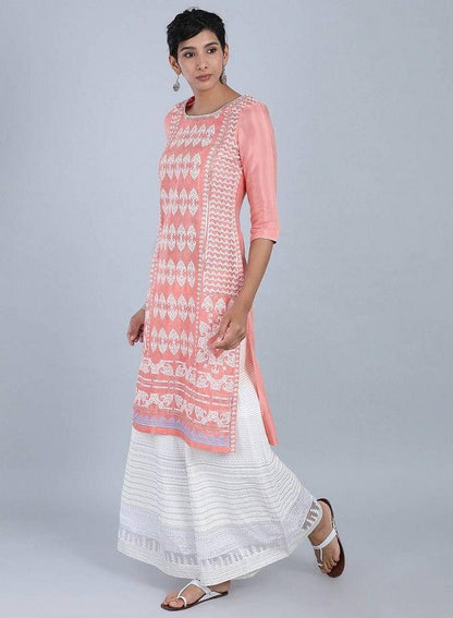 Pink Round Neck Printed kurta - wforwoman