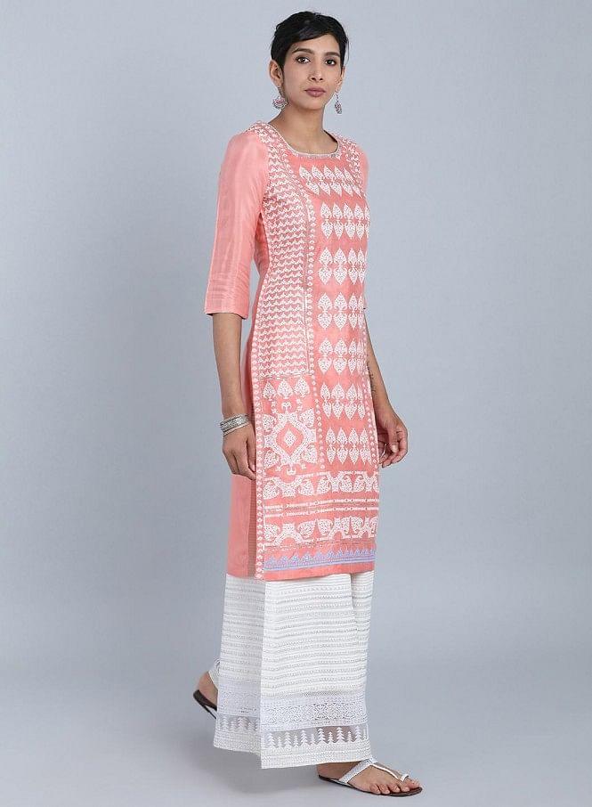 Pink Round Neck Printed kurta - wforwoman