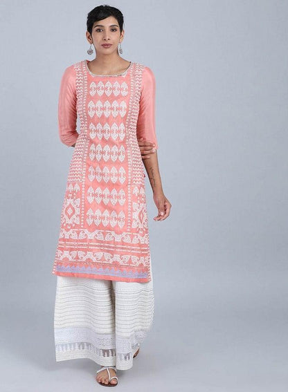 Pink Round Neck Printed kurta - wforwoman