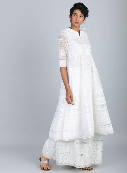 White Round Neck Printed kurta - wforwoman