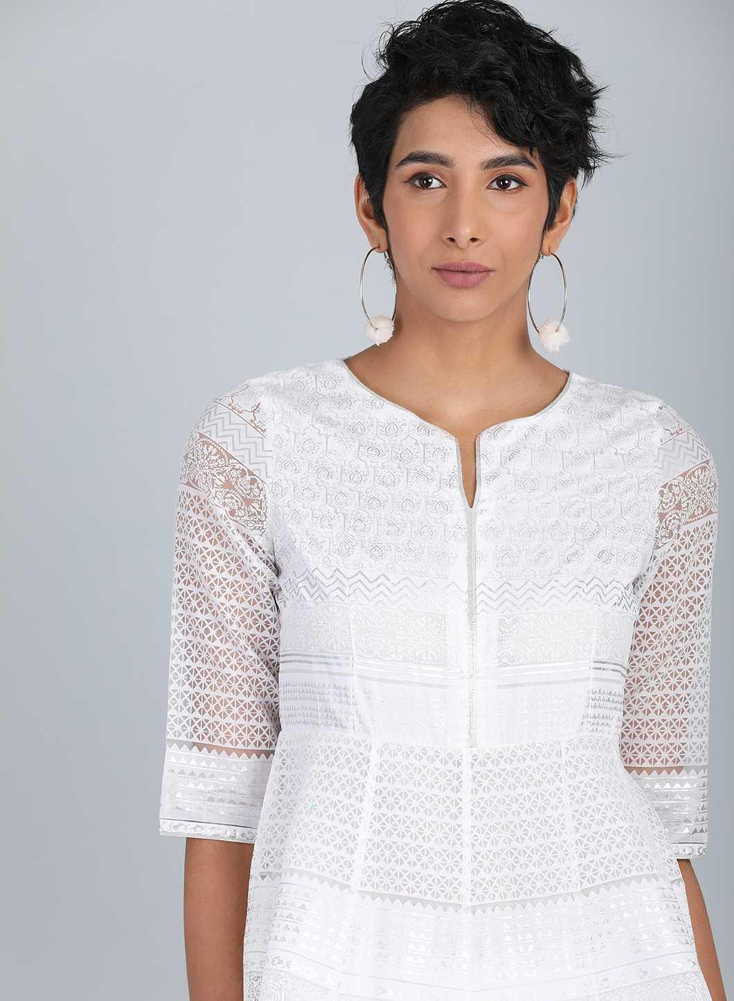 White Round Neck Printed kurta - wforwoman