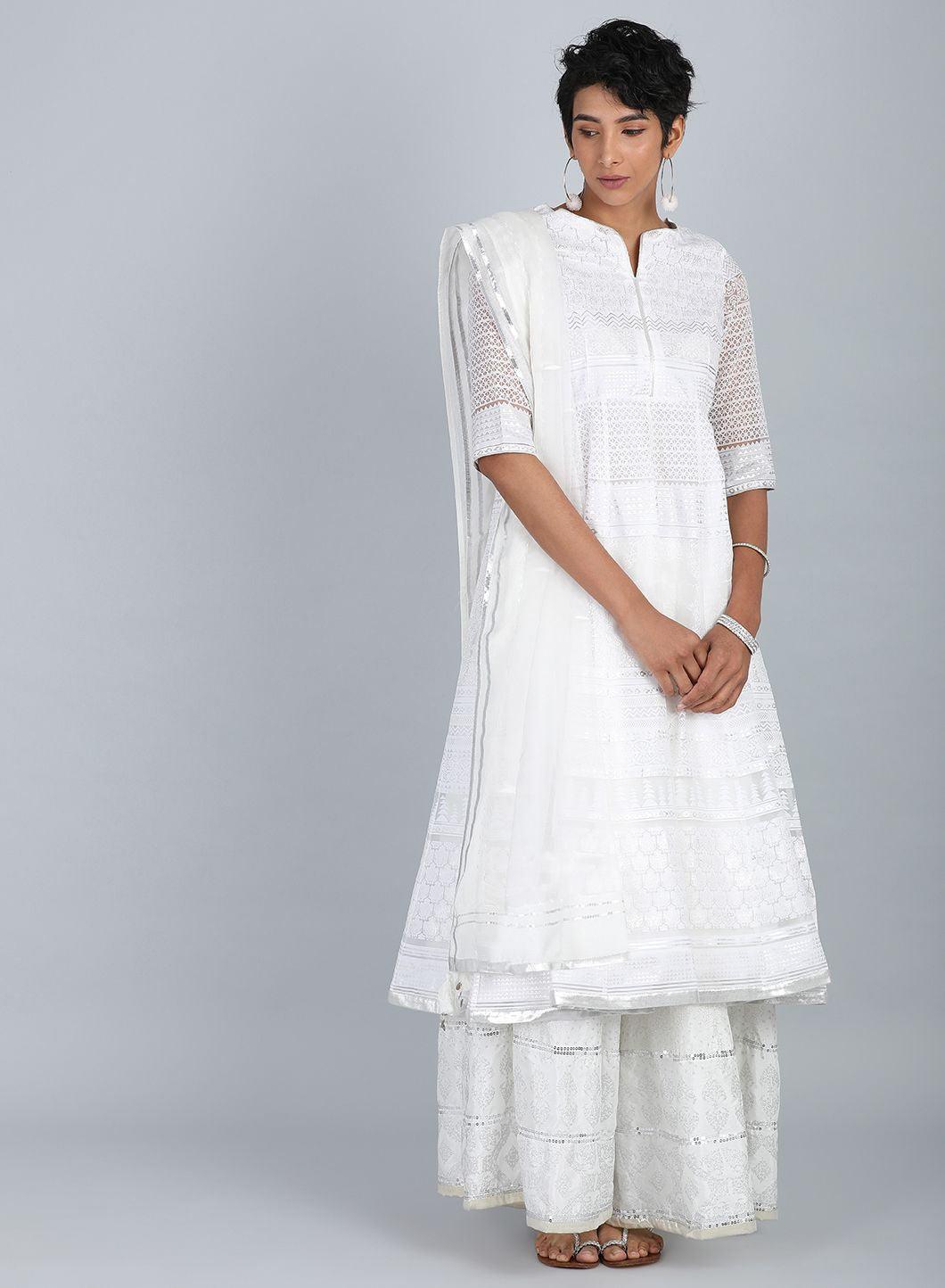 White Round Neck Printed kurta - wforwoman