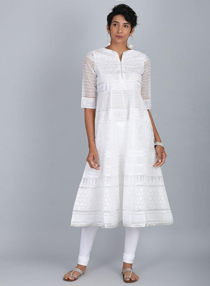 White Round Neck Printed kurta - wforwoman