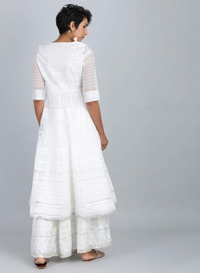 White Round Neck Printed kurta - wforwoman