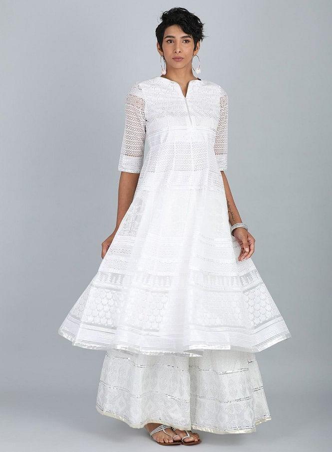 White Round Neck Printed kurta - wforwoman