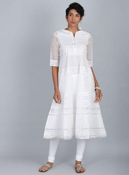 White Round Neck Printed kurta - wforwoman