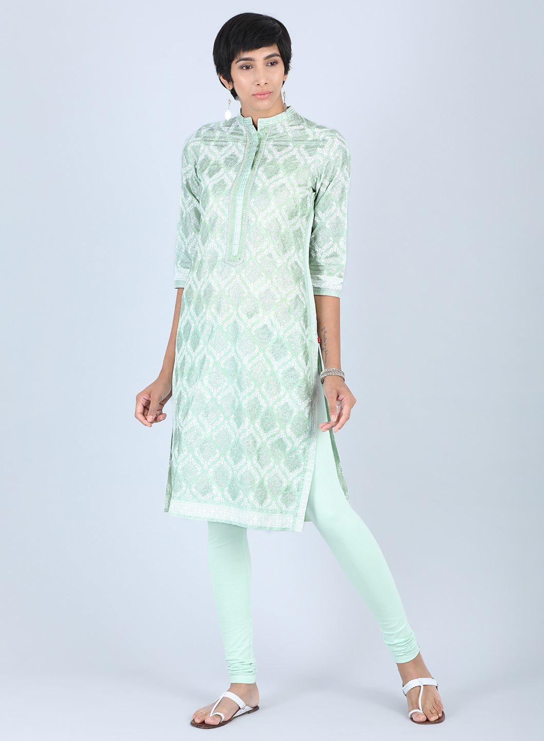 Green Mandarin Neck Printed kurta - wforwoman