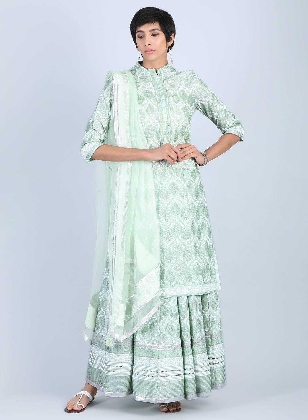 Green Mandarin Neck Printed kurta - wforwoman