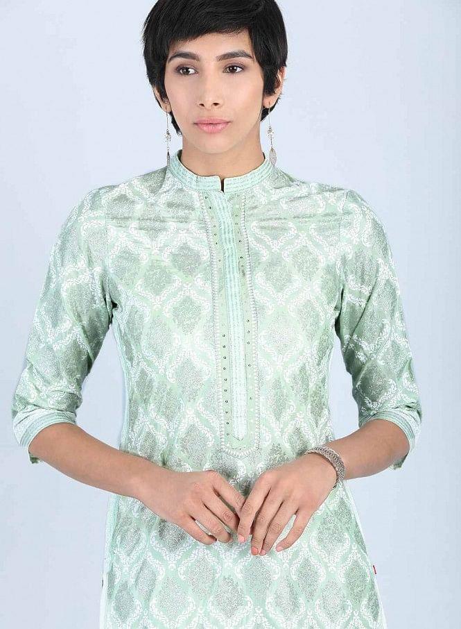 Green Mandarin Neck Printed kurta - wforwoman