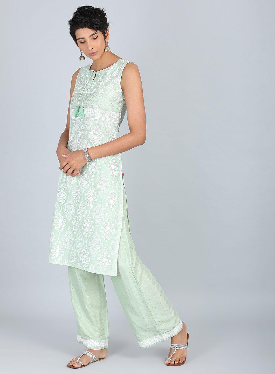 Green Round Neck Tie-Up kurta - wforwoman