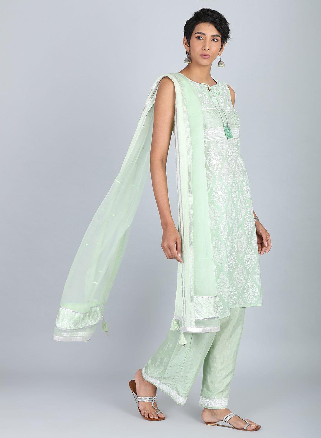 Green Round Neck Tie-Up kurta - wforwoman