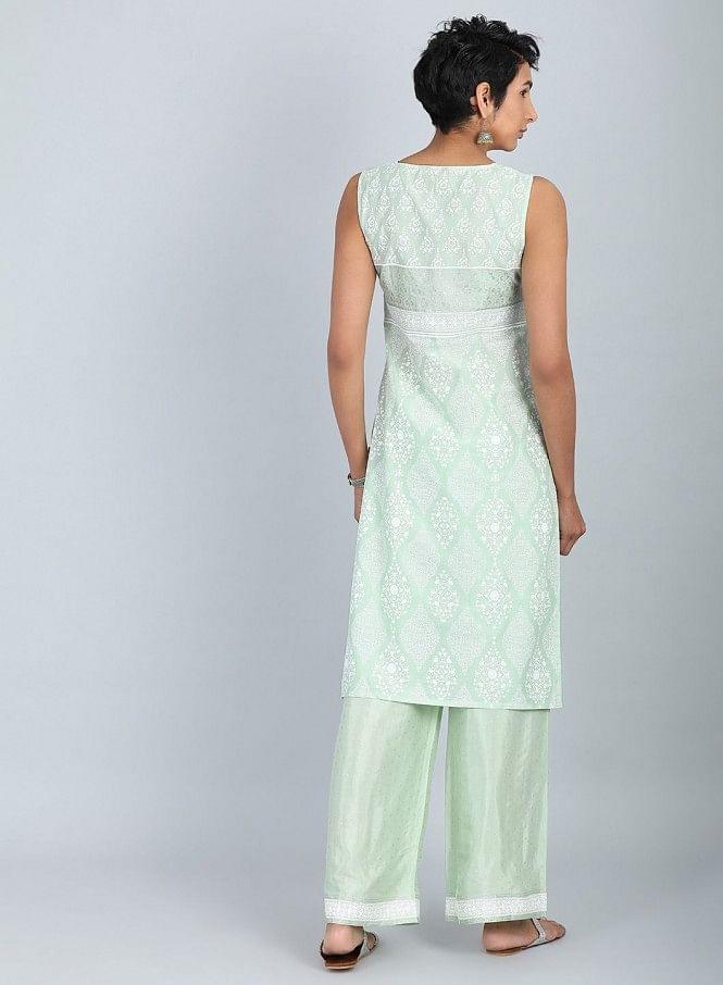 Green Round Neck Tie-Up kurta - wforwoman