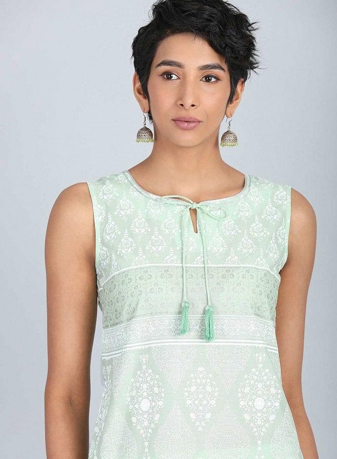 Green Round Neck Tie-Up kurta - wforwoman