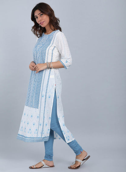 White &amp; Blue Printed Round Neck kurta