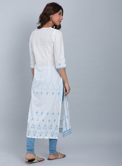 White &amp; Blue Printed Round Neck kurta