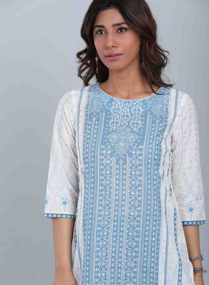 White &amp; Blue Printed Round Neck kurta