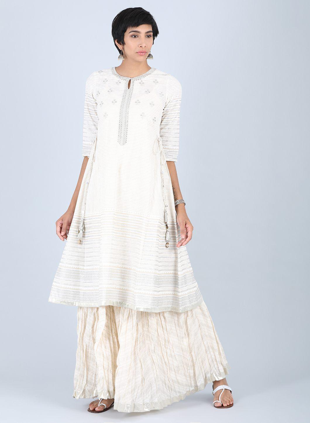 White Round Neck Embellished kurta - wforwoman