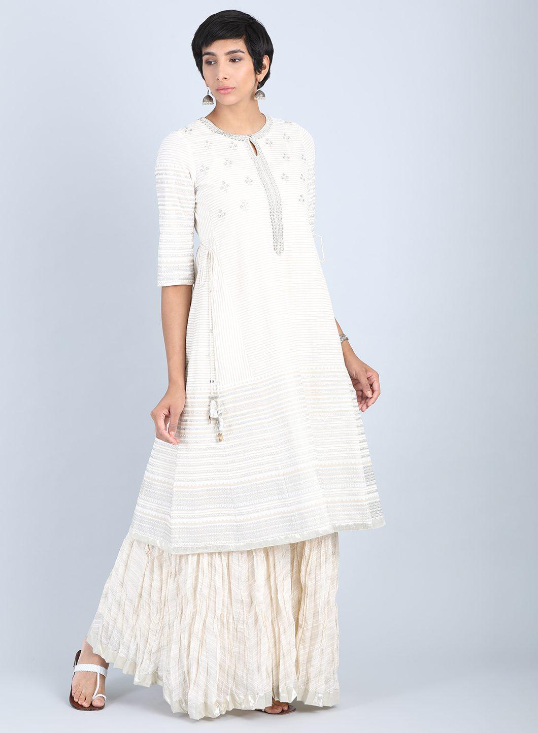 White Round Neck Embellished kurta - wforwoman