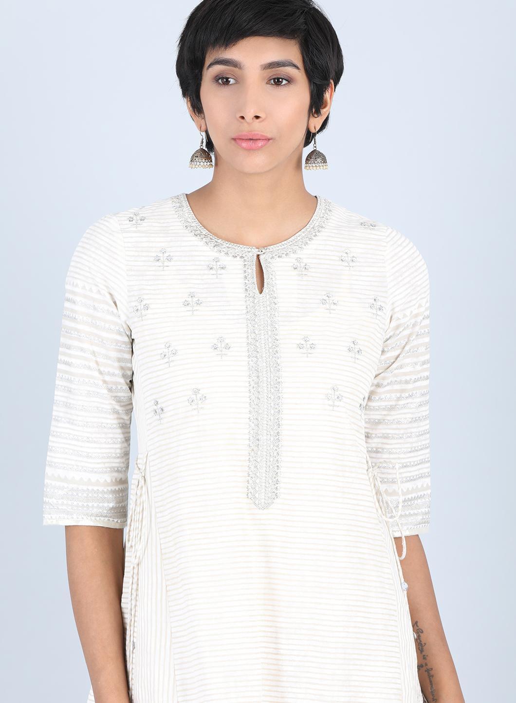 White Round Neck Embellished kurta - wforwoman