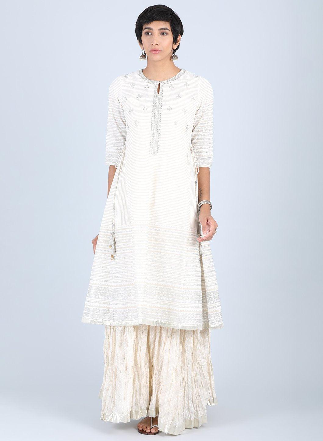 White Round Neck Embellished kurta - wforwoman