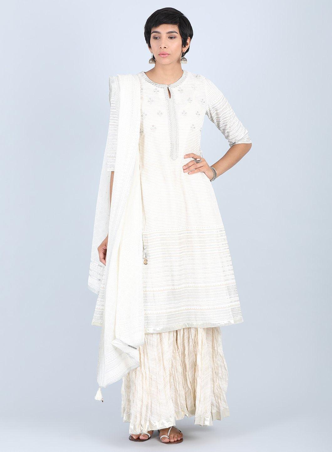 White Round Neck Embellished kurta - wforwoman