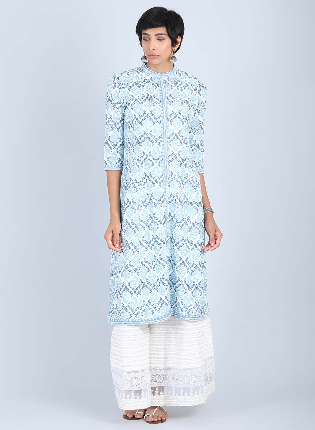 Blue Mandarin Neck Printed kurta