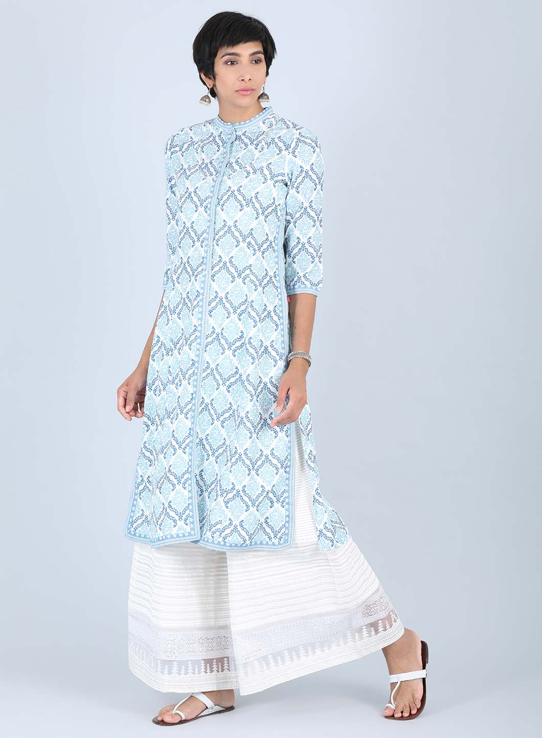 Blue Mandarin Neck Printed kurta