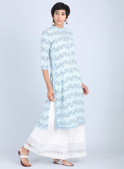 Blue Mandarin Neck Printed kurta