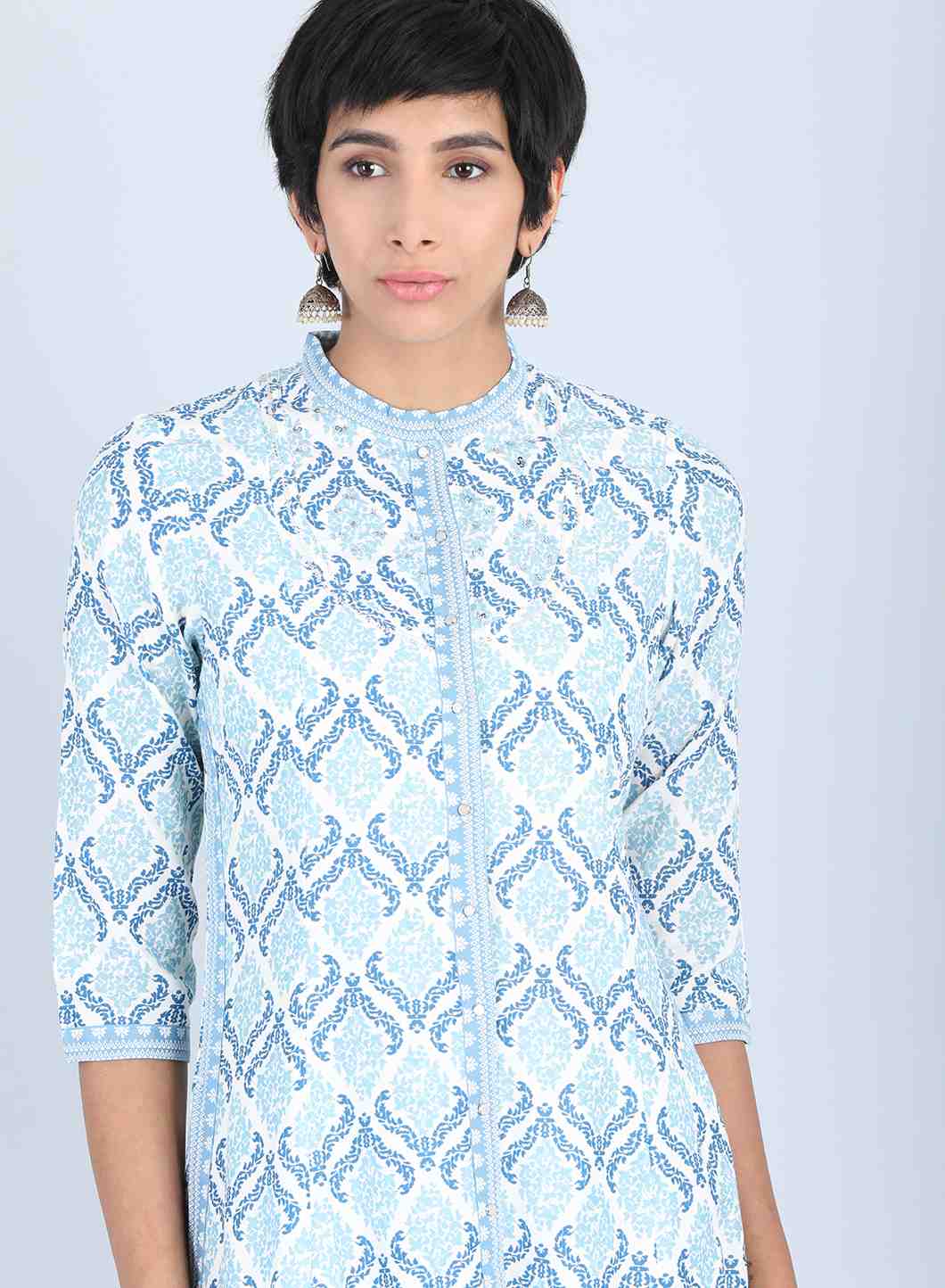 Blue Mandarin Neck Printed kurta