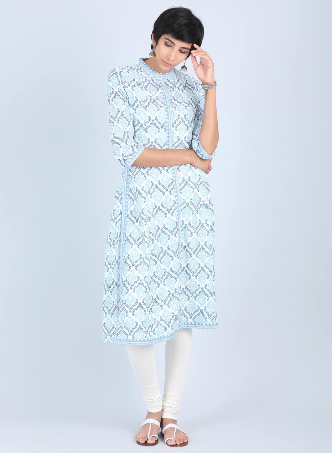 Blue Mandarin Neck Printed kurta