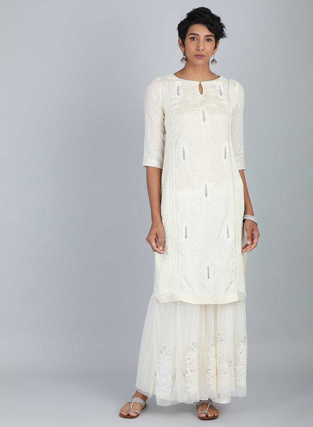 White Round Neck Embroidered kurta - wforwoman