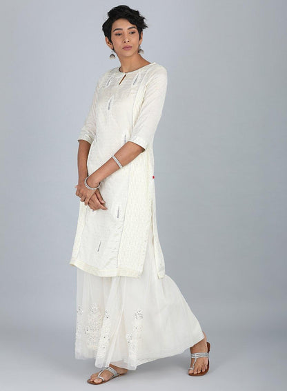 White Round Neck Embroidered kurta - wforwoman