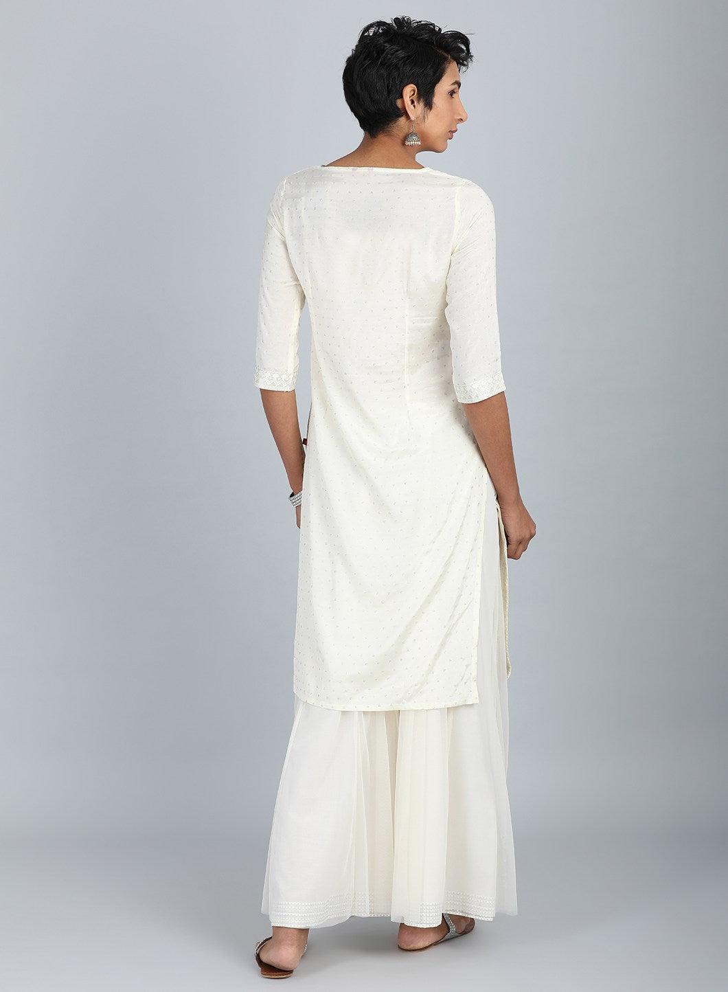 White Round Neck Embroidered kurta - wforwoman