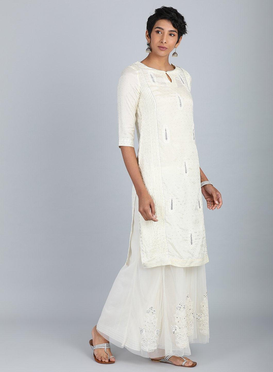 White Round Neck Embroidered kurta - wforwoman