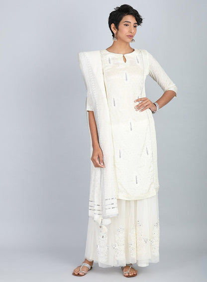 White Round Neck Embroidered kurta - wforwoman