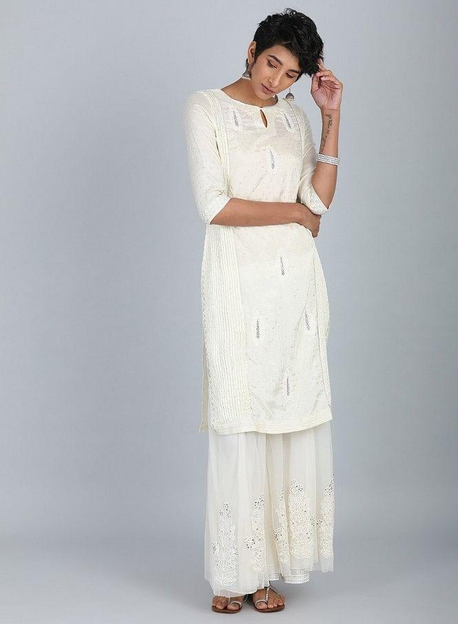 White Round Neck Embroidered kurta - wforwoman