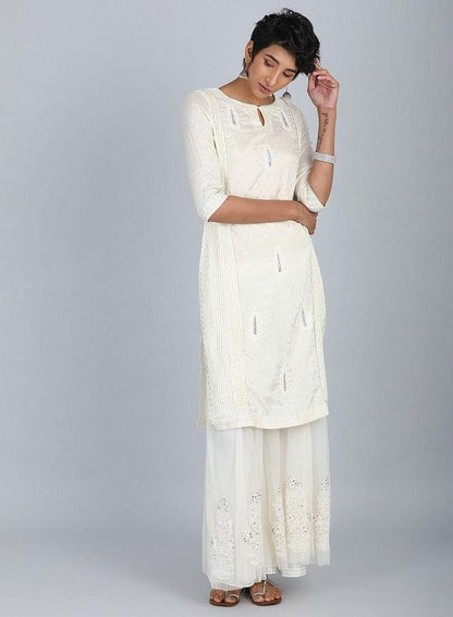 White Round Neck Embroidered kurta - wforwoman