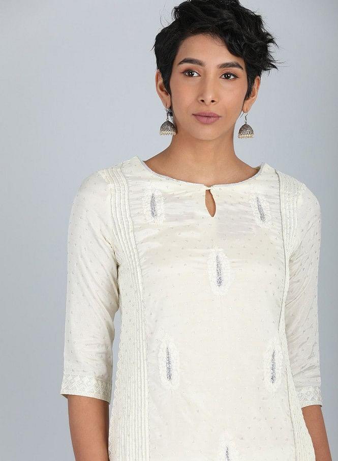 White Round Neck Embroidered kurta - wforwoman