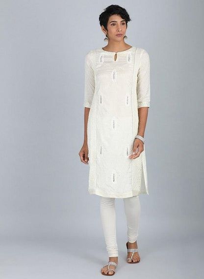 White Round Neck Embroidered kurta - wforwoman