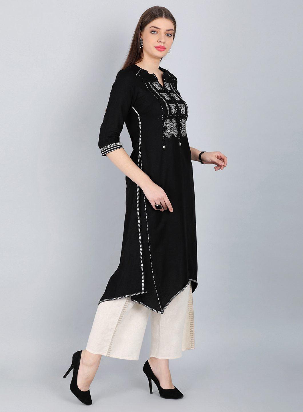 Black Printed Asymmetrical kurta - wforwoman