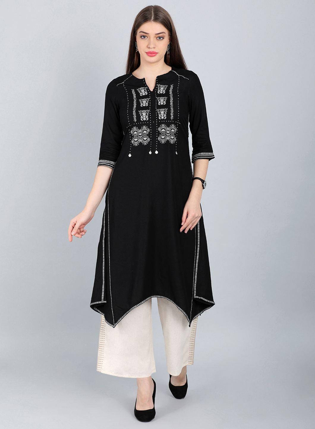 Black Printed Asymmetrical kurta - wforwoman