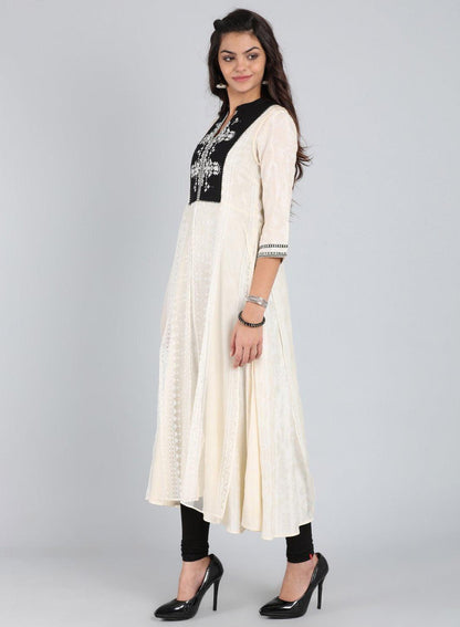 White Mandarin Neck Long kurta - wforwoman