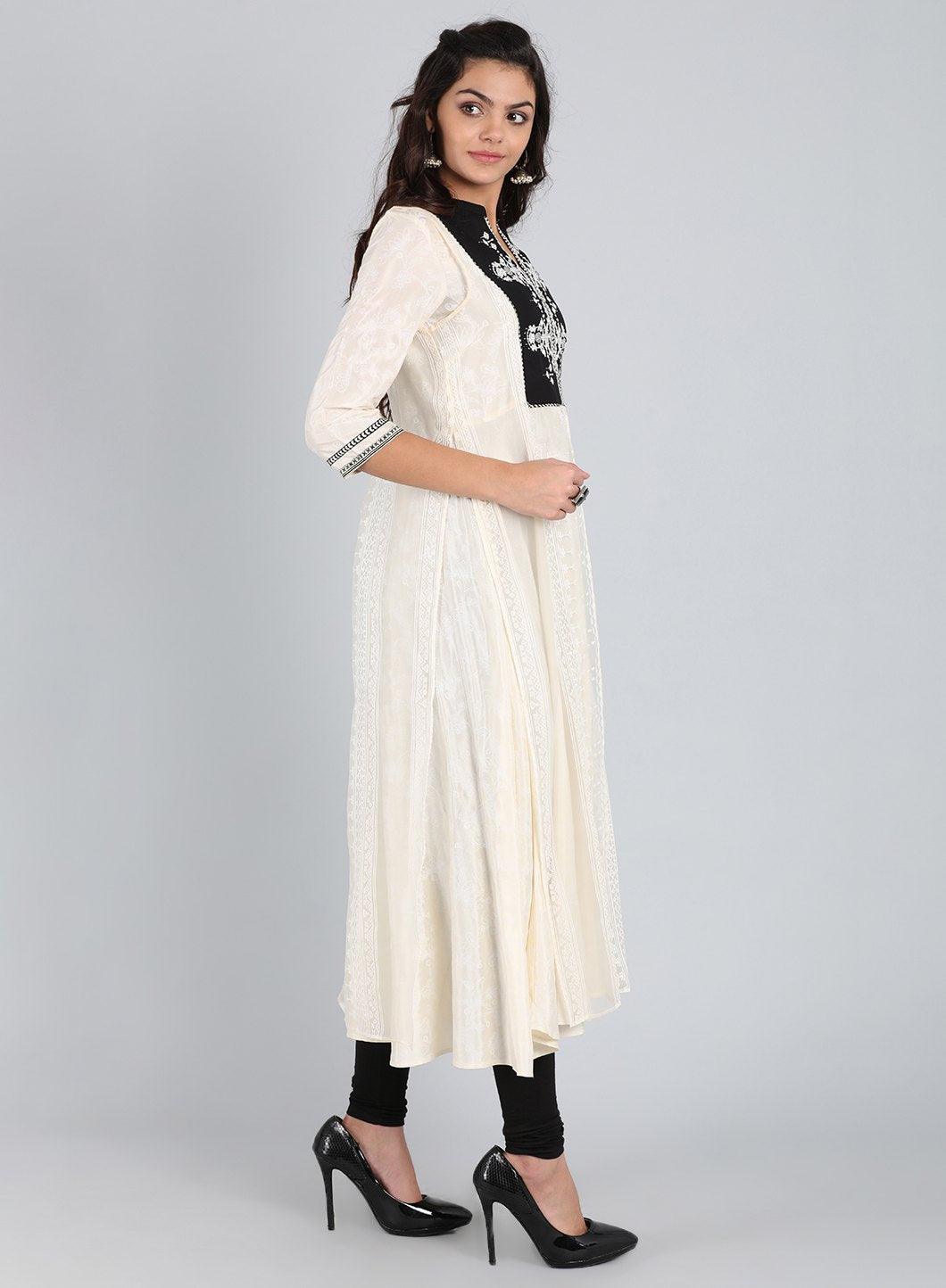 White Mandarin Neck Long kurta - wforwoman