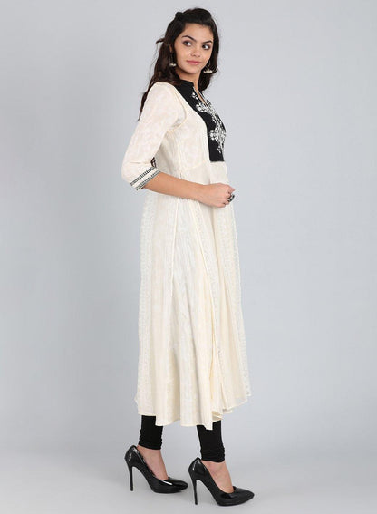 White Mandarin Neck Long kurta - wforwoman