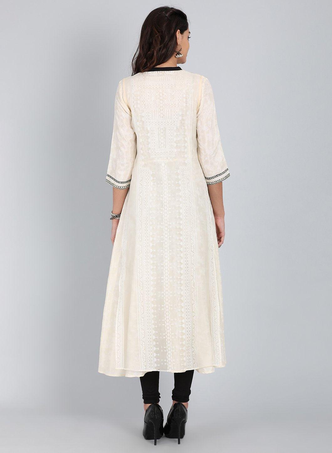 White Mandarin Neck Long kurta - wforwoman