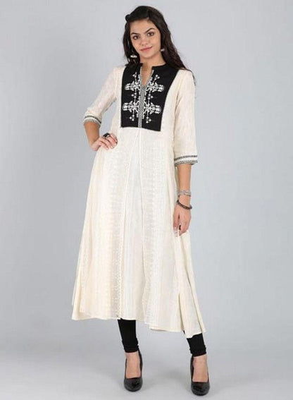 White Mandarin Neck Long kurta - wforwoman