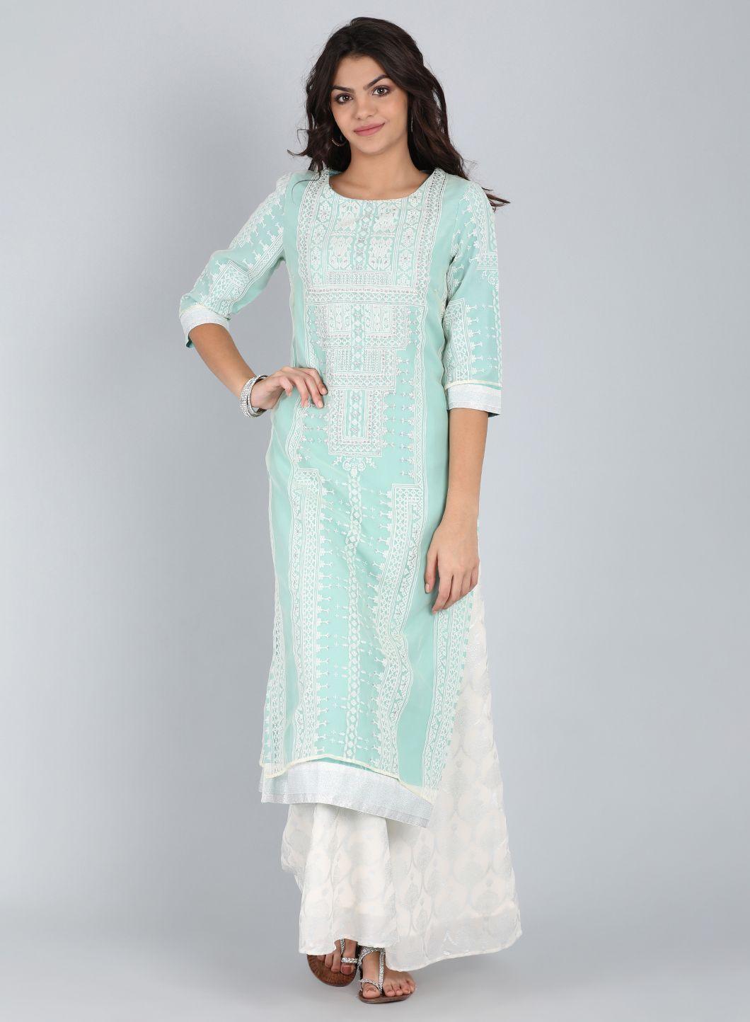 Blue Round Neck Self-Design kurta - wforwoman