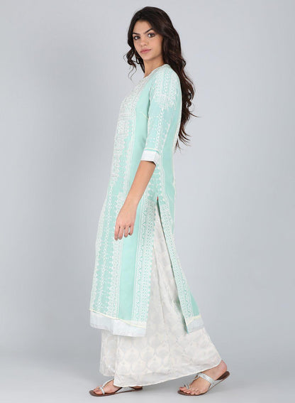 Blue Round Neck Self-Design kurta - wforwoman