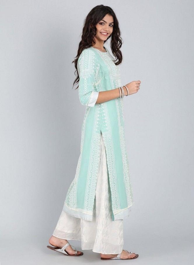 Blue Round Neck Self-Design kurta - wforwoman