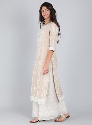 Beige Round Neck Self-Design kurta